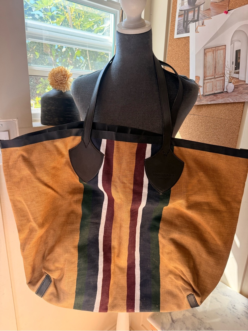 Burberry Tan Canvas Tote with Multicolor Vertical Stripes